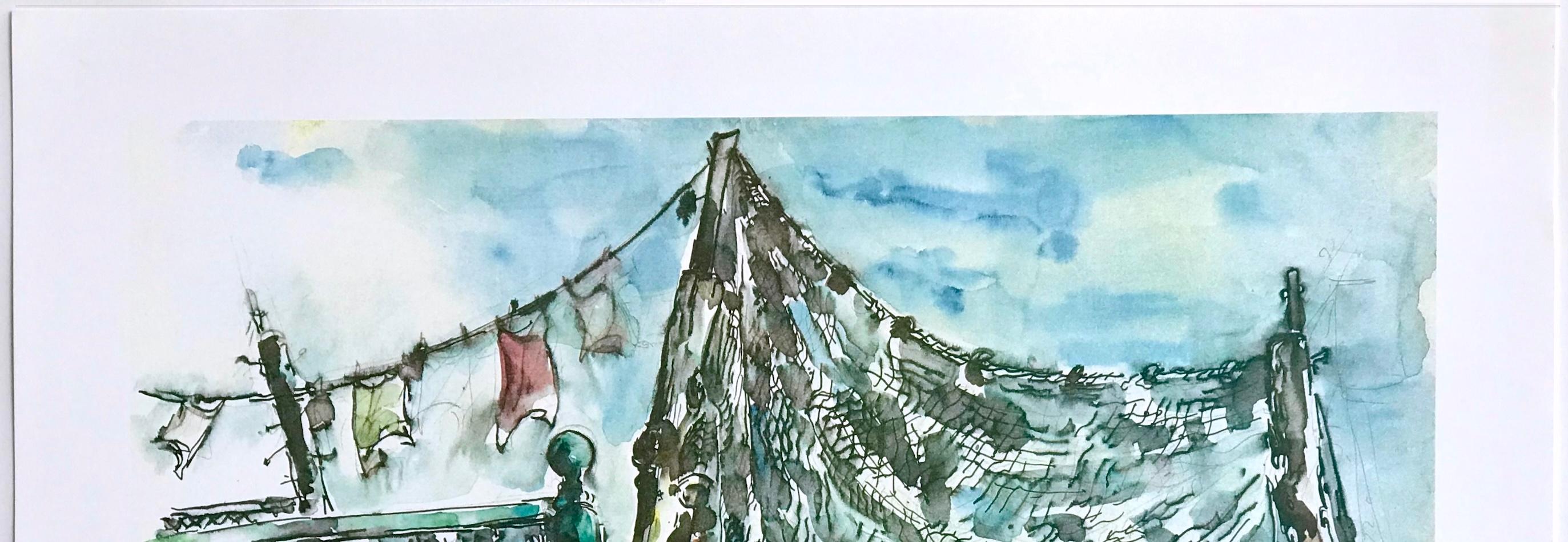 PROVINCETOWN FISHING NETS Litografia firmata, pescatore di Cape Cod, cielo blu, sabbia in vendita 3