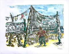 PROVINCETOWN FISHING NETS Signed Lithograph, Cape Cod Fisherman, Blue Sky, Sand