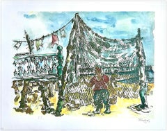 PROVINCETOWN FISHING NETS Signed Lithograph, Cape Cod Fisherman, Blue Sky, Sand