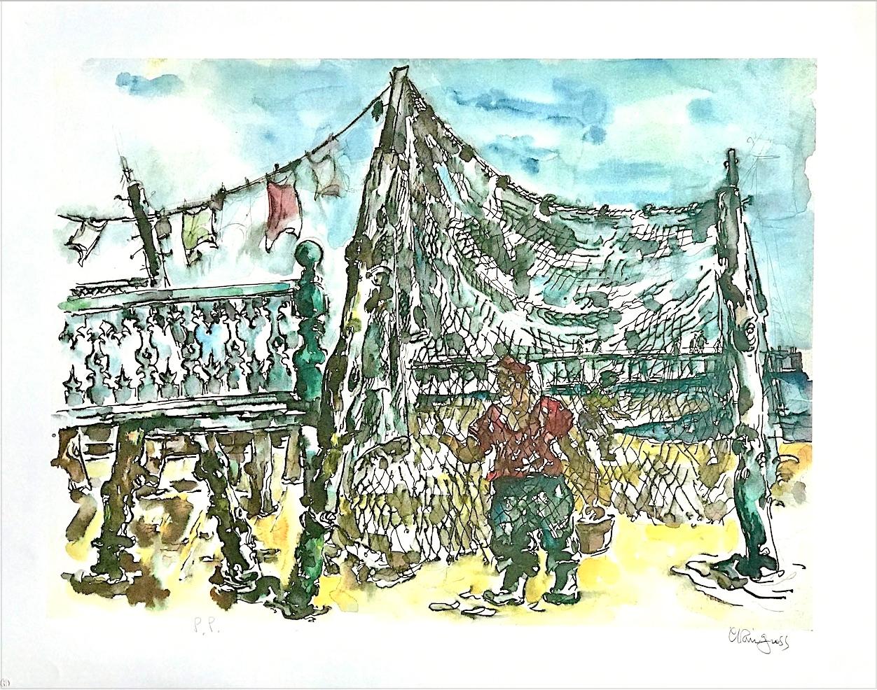 Chaim Gross Figurative Print – PROVINCETOWN FISHING NETS Signierte Lithographie, Cape Cod Fischer, Blauer Himmel, Sand