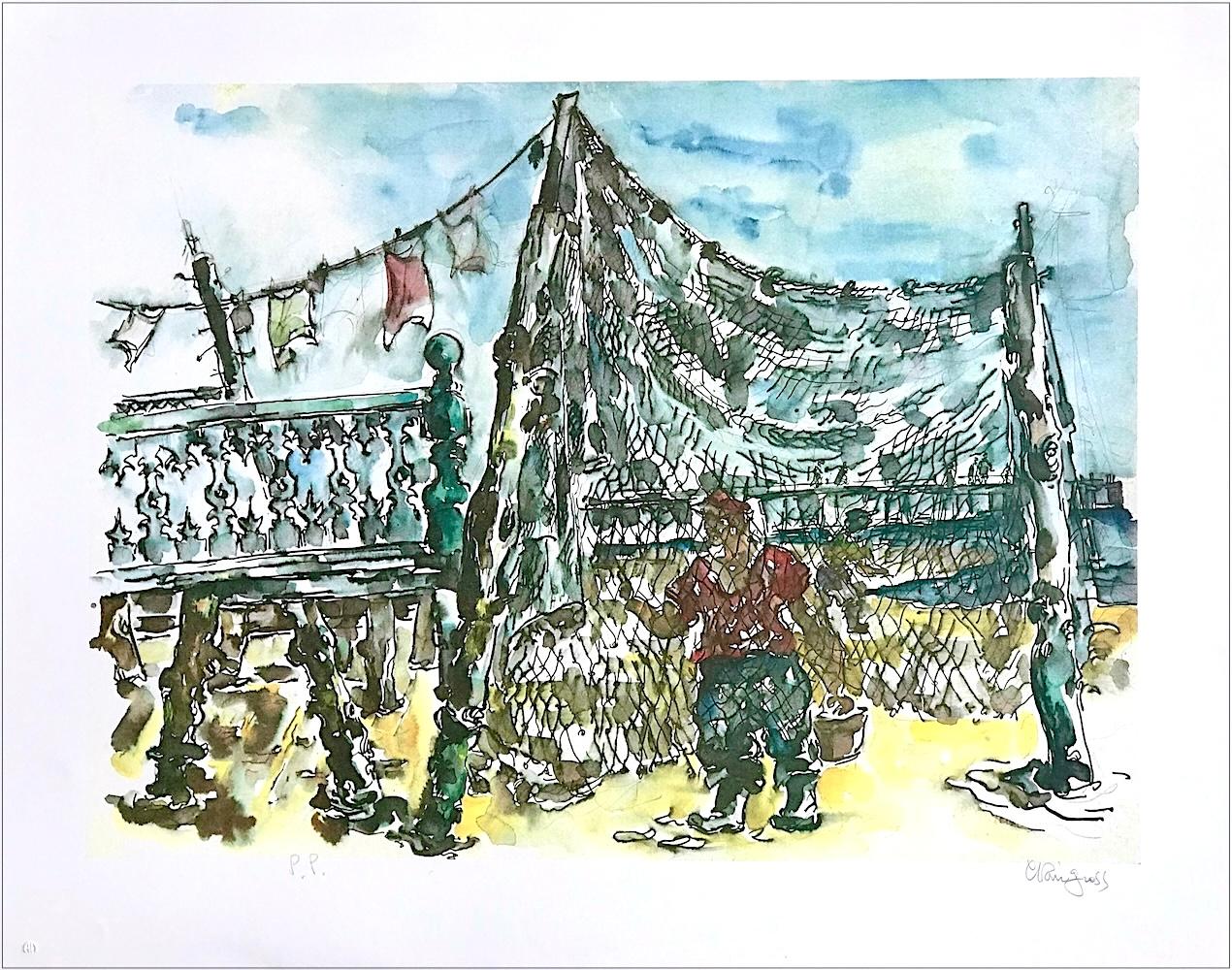 Figurative Print di Chaim Gross - PROVINCETOWN FISHING NETS Litografia firmata, pescatore di Cape Cod, cielo blu, sabbia