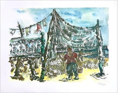 PROVINCETOWN FISHING NETS Signierte Lithographie, Cape Cod Fischer, Blauer Himmel, Sand