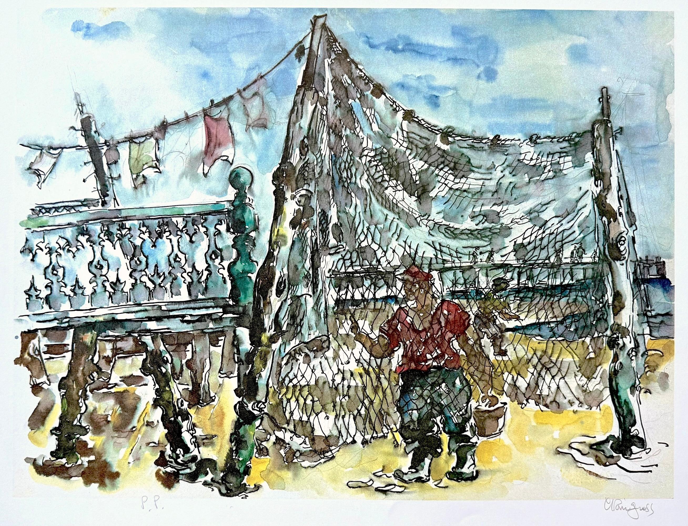 Figurative Print Chaim Gross - Lithographie signée PROVINCETOWN FISHING NETS, pêcheur de Cap Cod, ciel bleu, sable