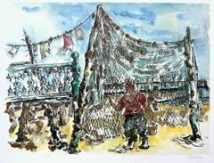 PROVINCETOWN FISHING NETS Signed Lithograph, Cape Cod Fisherman, Blue Sky, Sand