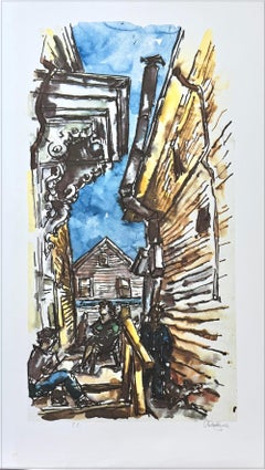 Lithographie signée PROVINCETOWN SIDE STREET, Nouvelle-Angleterre Cape Cod Clapboard House