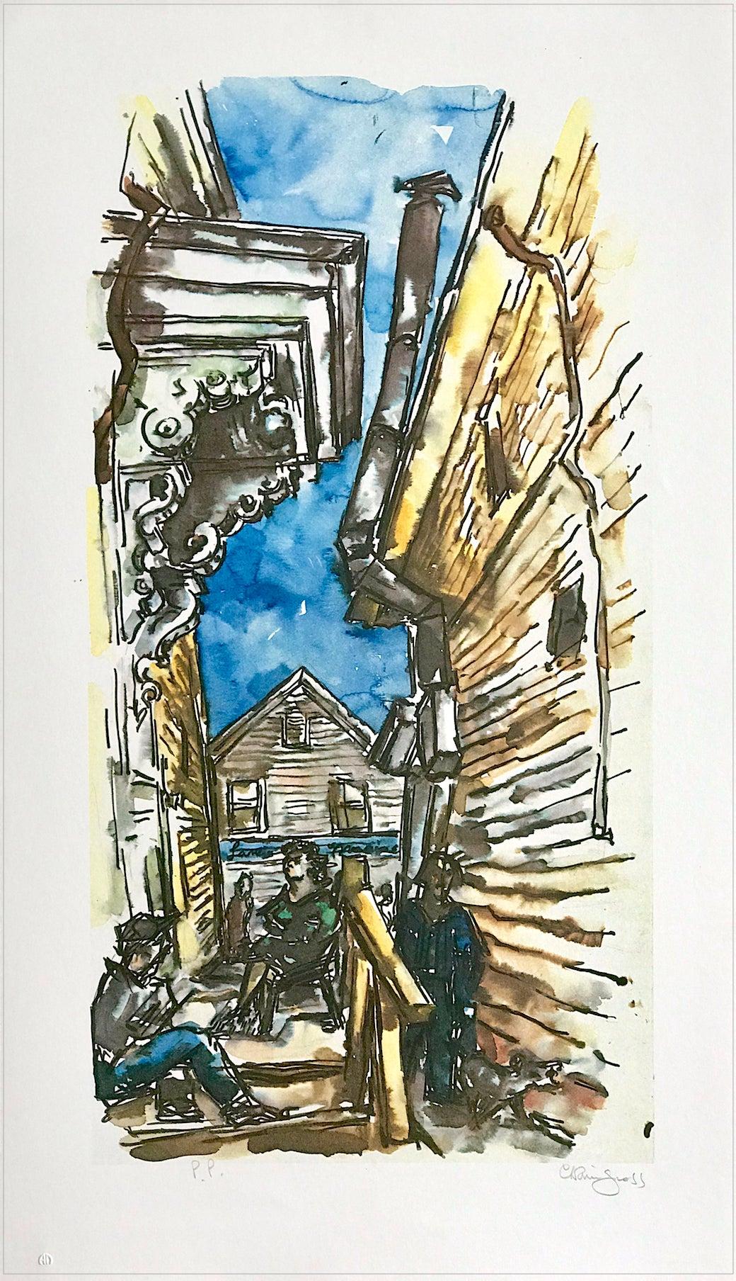 Chaim Gross Figurative Print - PROVINCETOWN SIDE STREET Signed Lithograph, New England Cape Cod White Clapboard