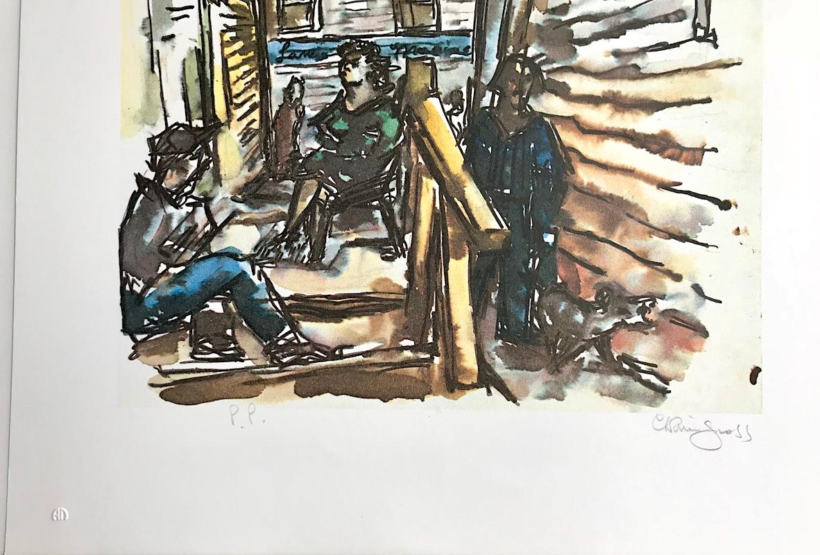 PROVINCETOWN SIDE STREET is a limited edition lithograph by the American artist/sculptor Chaim Gross.  PROVINCETOWN SIDE STREET was printed using traditional lithography methods on archival printmaking paper, 100% acid free in shades of blue, brown,