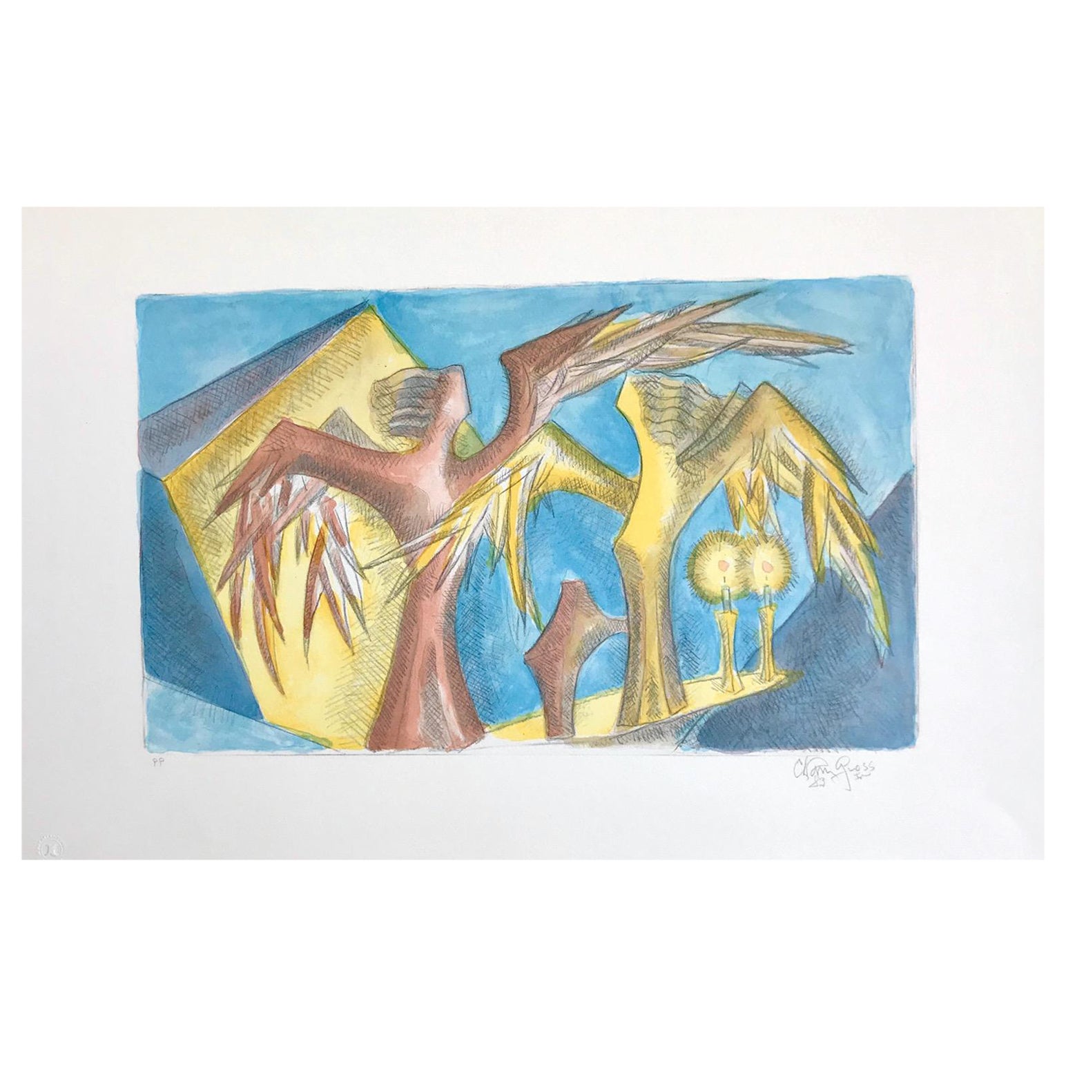 SABBATH ANGELS Signierte Lithographie, Aquarellporträt, Engel, Kerzenständer – Print von Chaim Gross