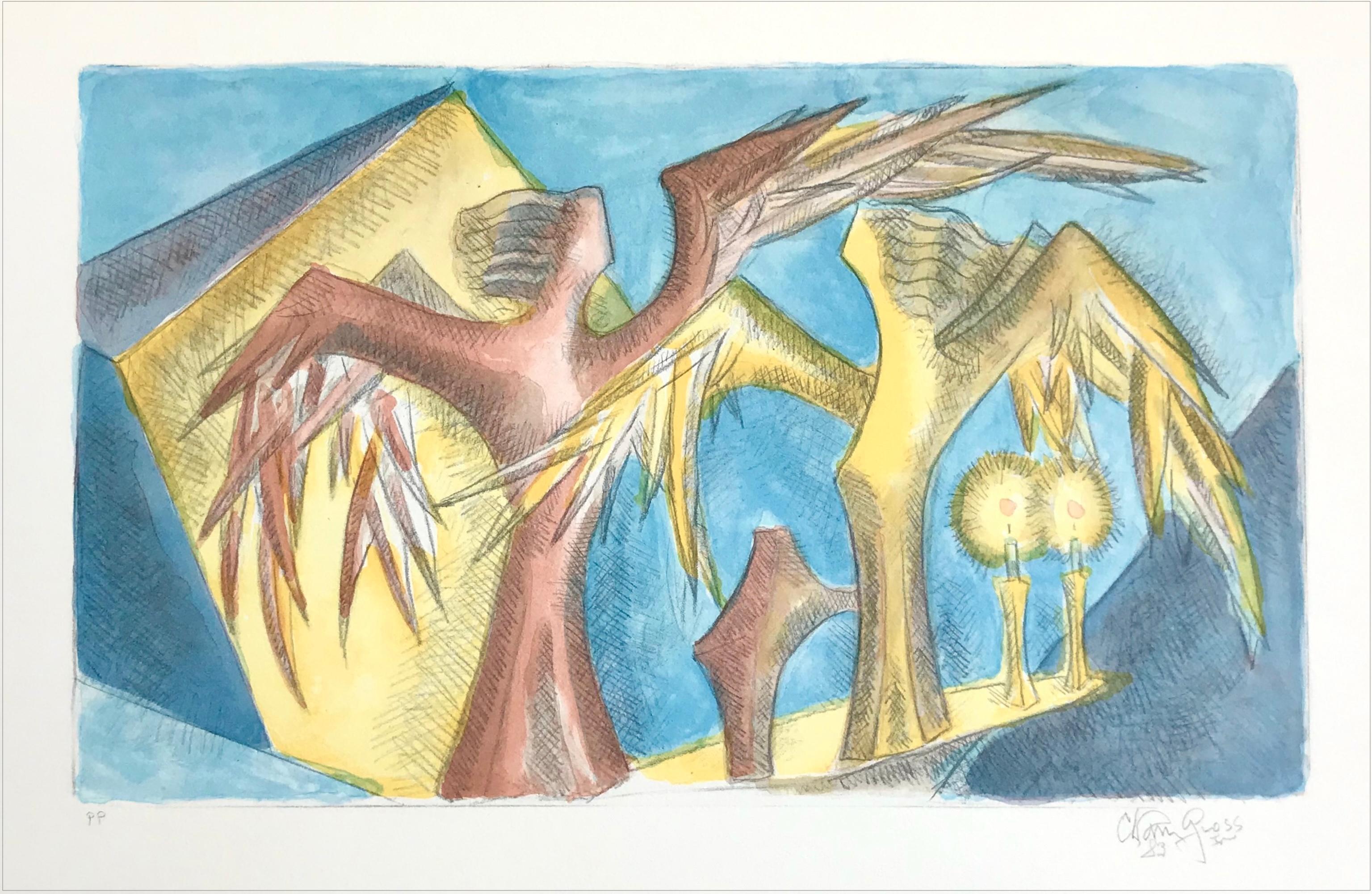 Portrait Print di Chaim Gross - SABBATH ANGELS Signed Lithograph, Watercolor Abstract Female Figures Candles