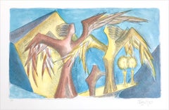 SABBATH ANGELS Signed Lithograph, 1983 Figurative Watercolor Sculptural Drawing
