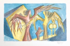Chaim Gross - SABBATH ANGELS Signierte Lithographie, Aquarell Abstrakte Frauenfiguren Kerzen SABBATH ANGELS Signierte Lithographie, Aquarell Abstrakte Frauenfiguren Kerzen