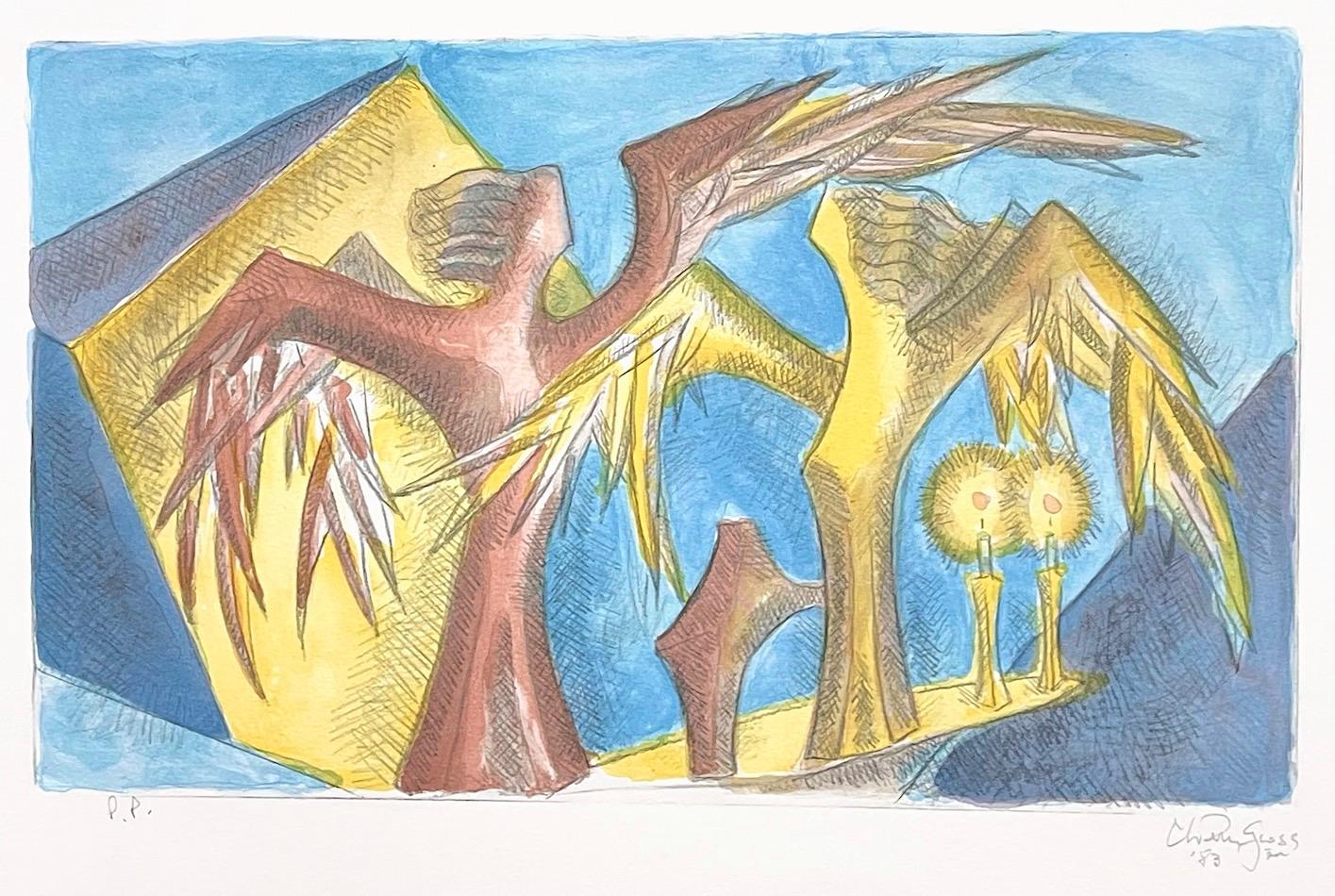 SABBATH ANGELS Litografia firmata, ritratto ad acquerello, angeli, candelieri - Print Contemporaneo di Chaim Gross