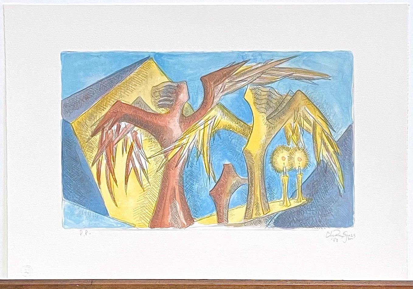 SABBATH ANGELS est une lithographie originale dessinée à la main (et non une reproduction photographique ou une impression numérique) par l'artiste/sculpteur américain Chaim Gross, présentant un impressionnant dessin sculptural de deux majestueux