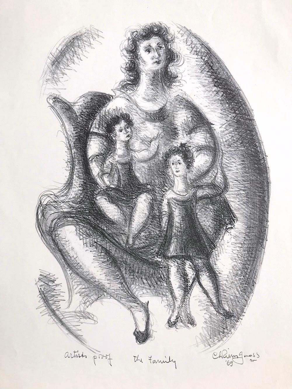Lithographie de la famille signée, dessin de la mère et des enfants, portrait ovale - Contemporain Print par Chaim Gross