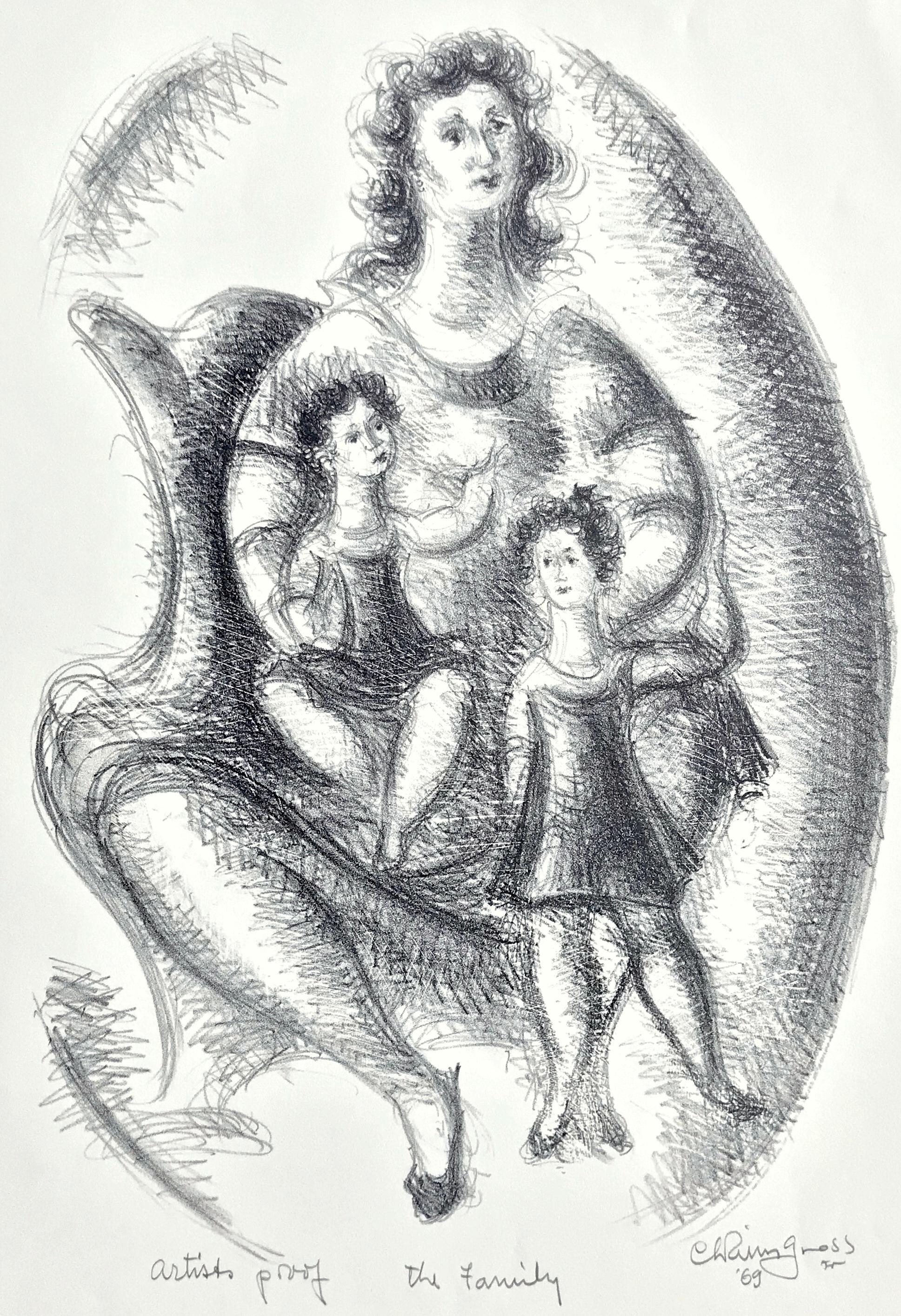 Lithographie de la famille signée, dessin de la mère et des enfants, portrait ovale