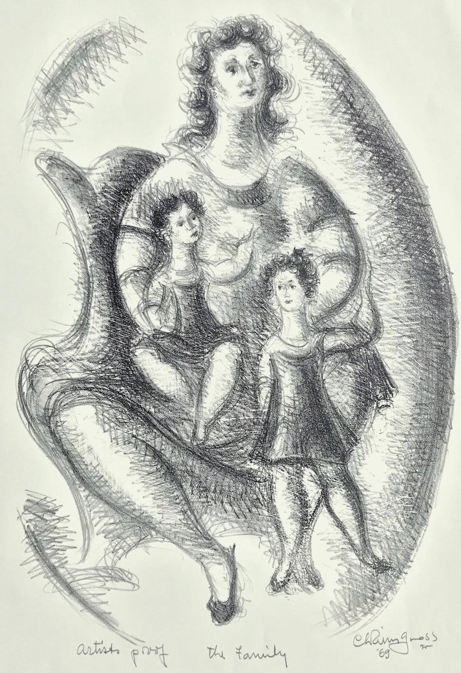 LA FAMILIA Litografía firmada Stone, Dibujo de madre e hijos, Retrato ovalado - Print de Chaim Gross