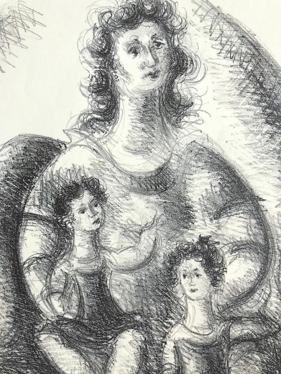 LA FAMILIA Litografía firmada Stone, Dibujo de madre e hijos, Retrato ovalado - Print Contemporáneo de Chaim Gross
