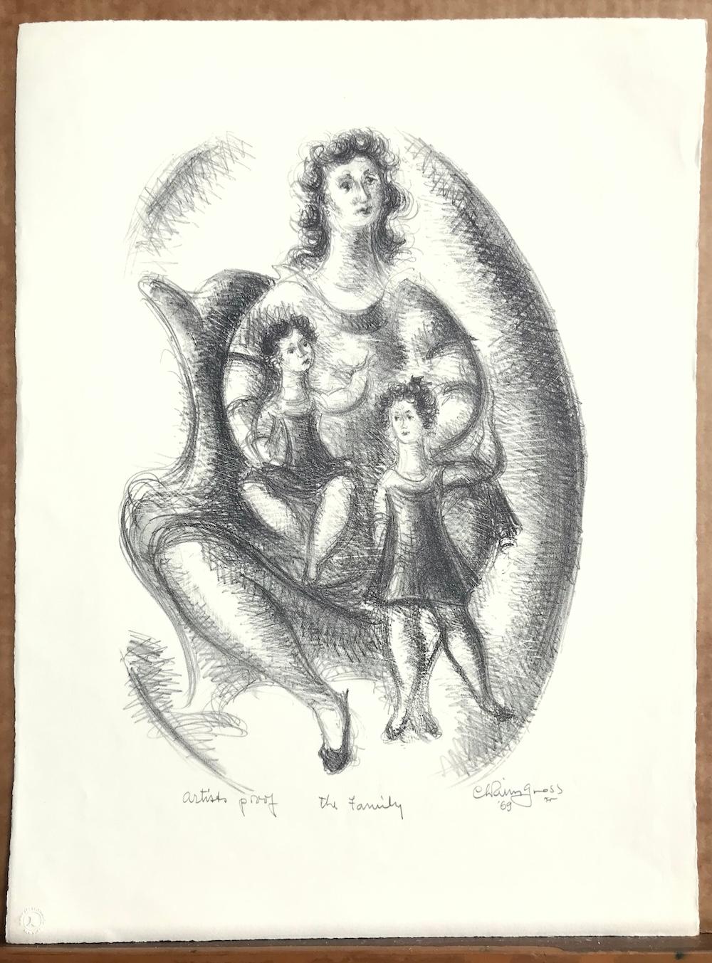 LA FAMILIA Litografía firmada Stone, Dibujo de madre e hijos, Retrato ovalado en venta 3