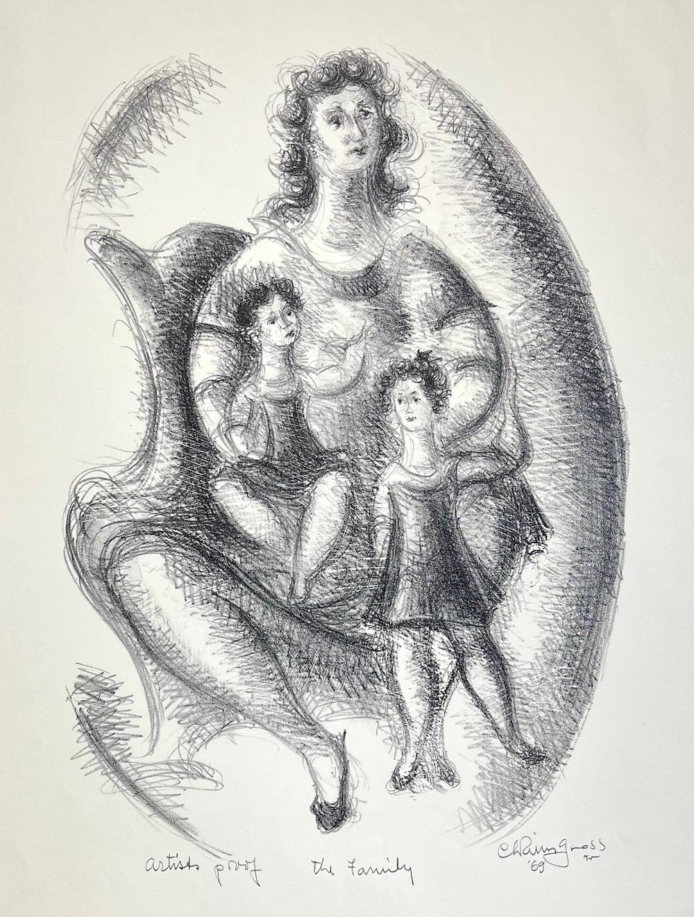 Portrait Print de Chaim Gross - LA FAMILIA Litografía firmada Stone, Dibujo de madre e hijos, Retrato ovalado