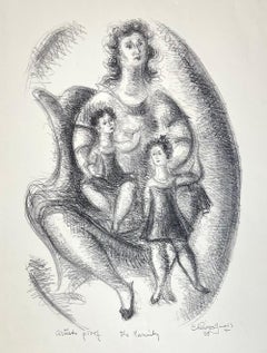 THE FAMILY Signed Stone Lithograph, Mother and Children Drawing, Oval Portrait