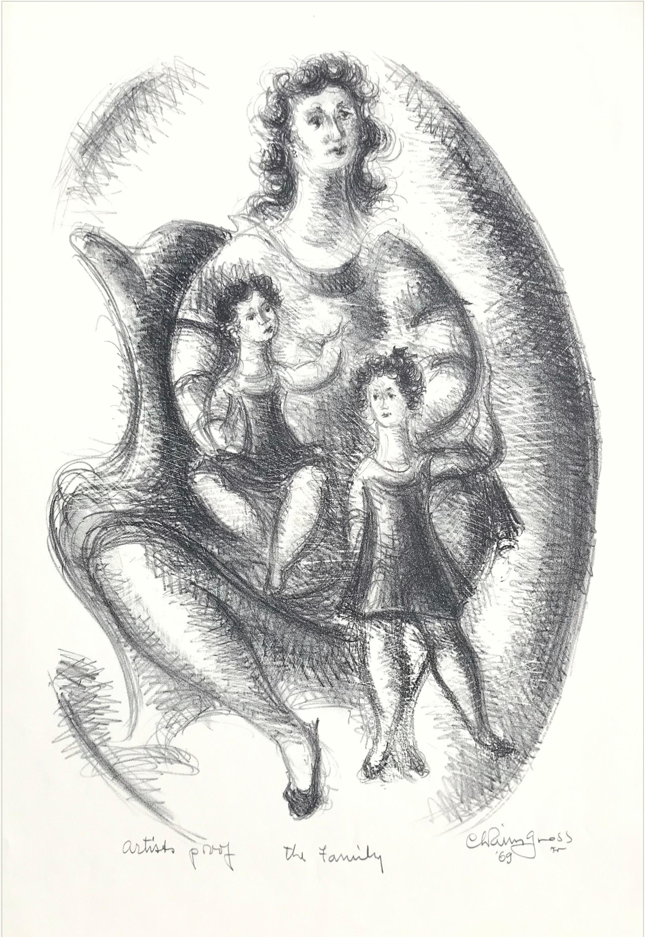 THE FAMILY Litografia su pietra firmata, disegno di madre e figli, ritratto ovale