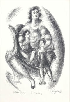 THE FAMILY Litografia su pietra firmata, disegno di madre e figli, ritratto ovale