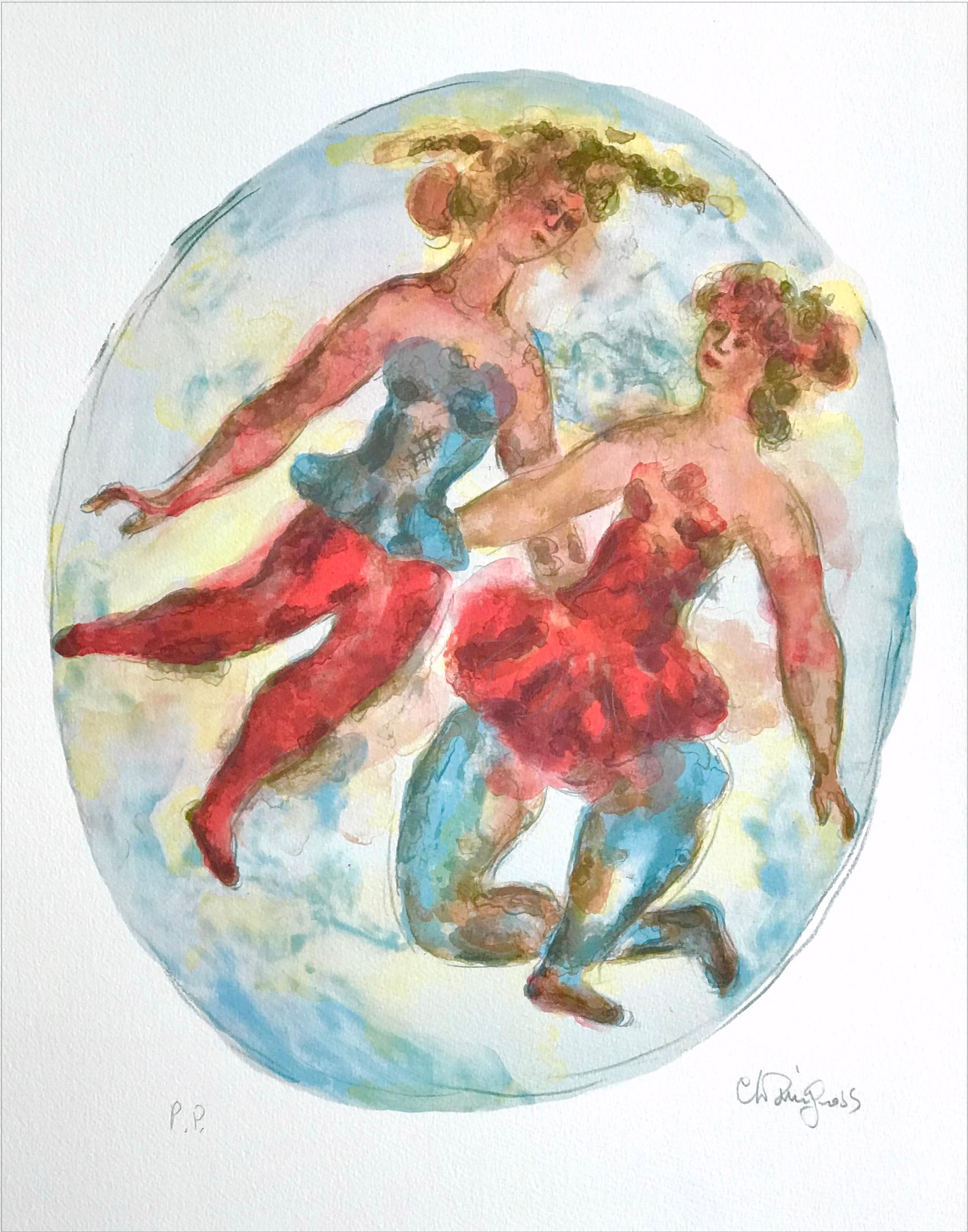 Chaim Gross Figurative Print - TWO BALLERINAS Signed Hand Drawn Lithograph, Oval Portrait, Dance, Ballet, Tutu