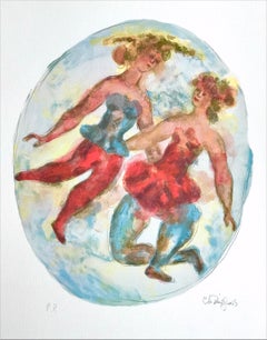 TWO BALLERINAS Signierte handgezeichnete Lithographie, ovales Porträt, Tanz, Ballett, Tutu, Tutu