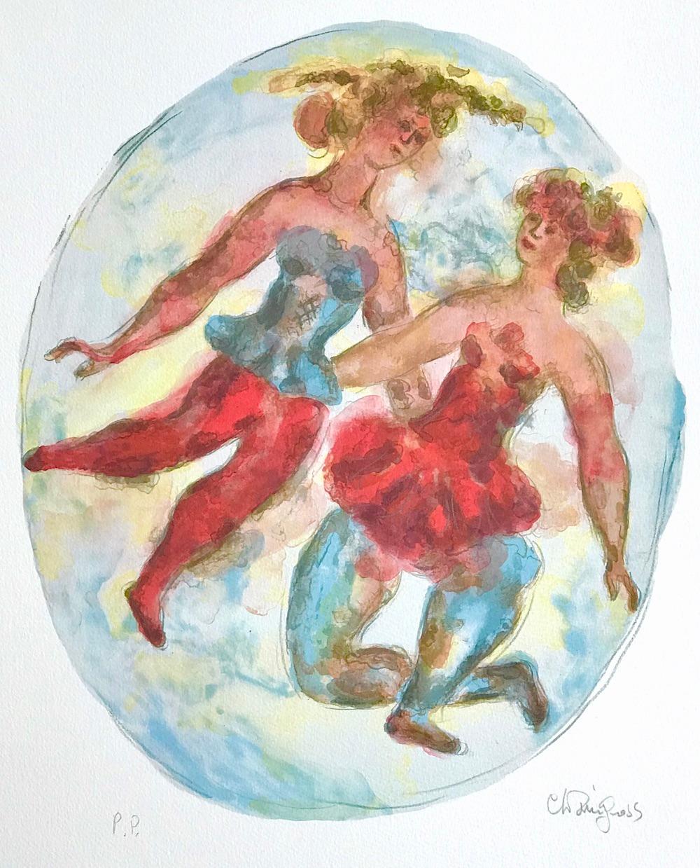 TWO BALLERINAS Signed Lithograph Oval Watercolor Portrait, Ballet Dancers, Tutus - Print by Chaim Gross