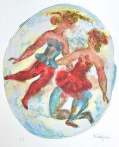 TWO BALLERINAS Signed Hand Drawn Lithograph, Oval Portrait, Dance, Ballet, Tutu