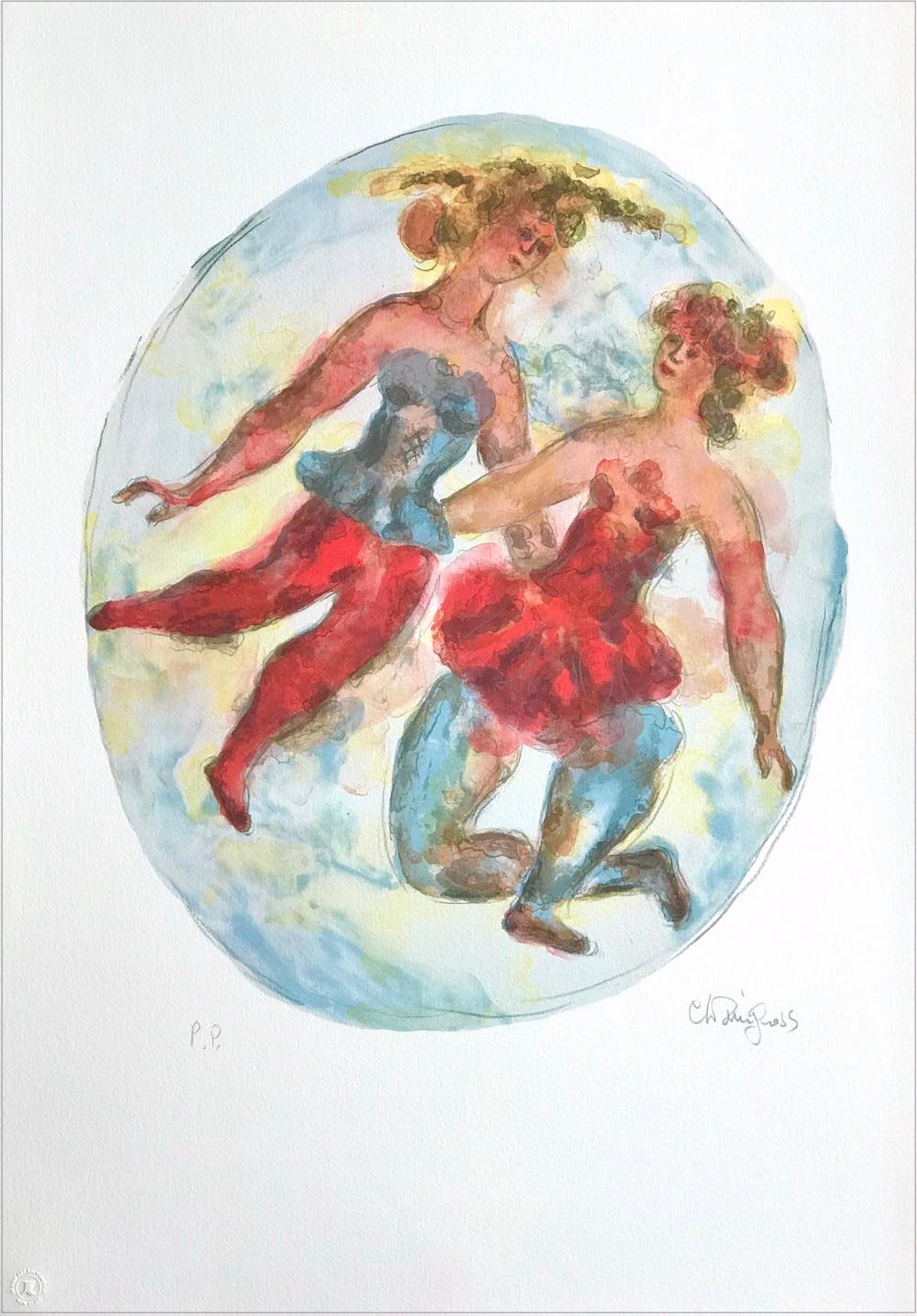 Chaim Gross Figurative Print - TWO BALLERINAS Signed Lithograph Oval Watercolor Portrait, Ballet Dancers, Tutus