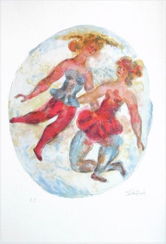 TWO BALLERINAS Signed Lithograph Oval Dance Portrait, Ballet Tutus, Watercolor