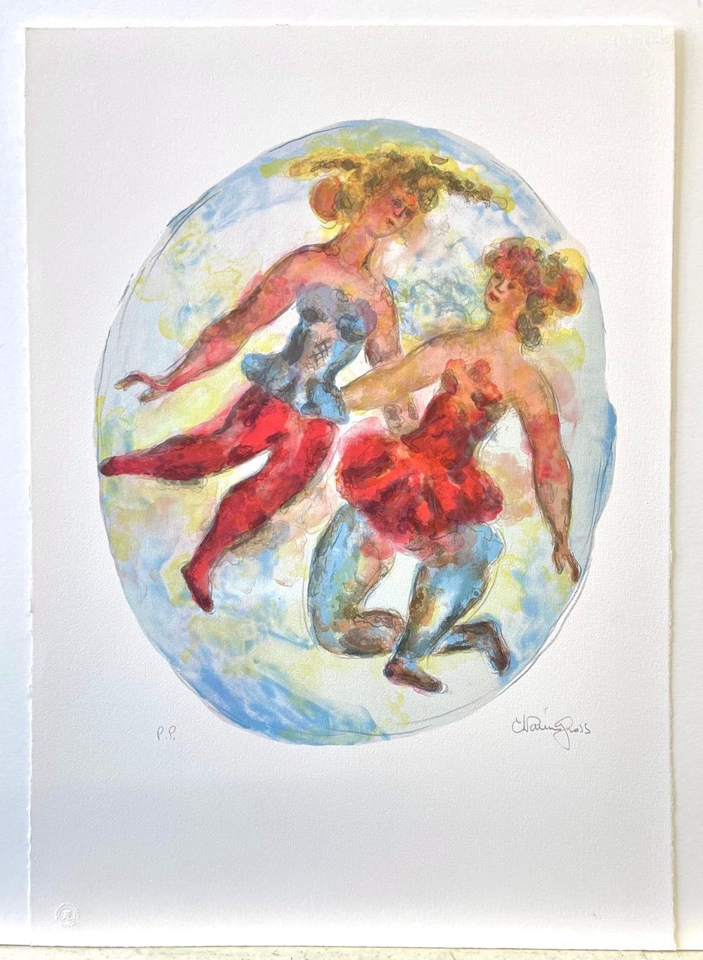 TWO BALLERINAS is an original hand drawn lithograph by the American artist/sculptor Chaim Gross, hand proofed and printed from lithographic plates on archival Arches paper in watercolor shades of blues, red, peach flesh tone, brown, yellow and