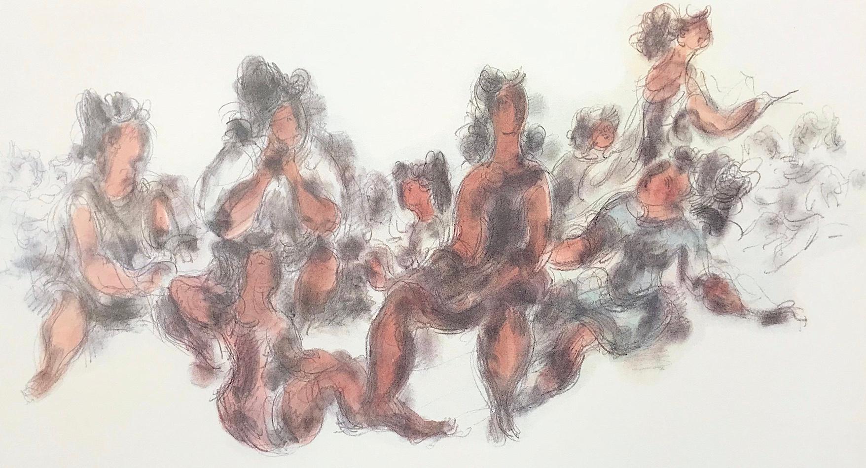 WOMEN TOGETHER Signed Lithograph Seated Female Figures, Cream, Gray, Terra Cotta - Print by Chaim Gross