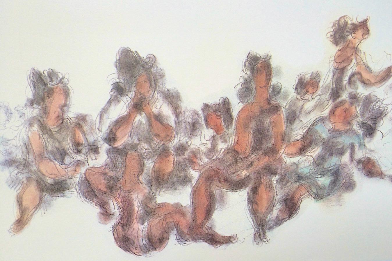 WOMEN TOGETHER Signed Lithograph Seated Female Figures, Cream, Gray, Terra Cotta - Print by Chaim Gross