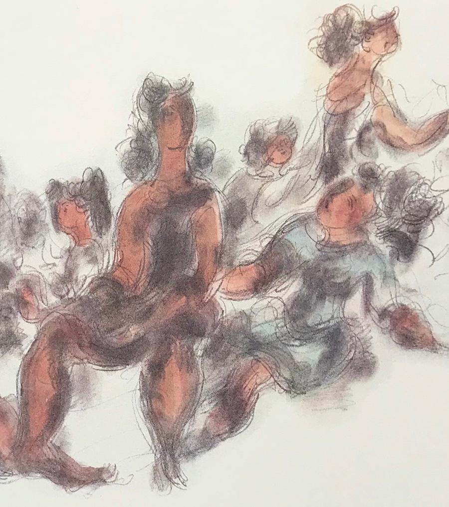 WOMEN TOGETHER Signed Lithograph Seated Female Figures, Cream, Gray, Terra Cotta - Contemporary Print by Chaim Gross