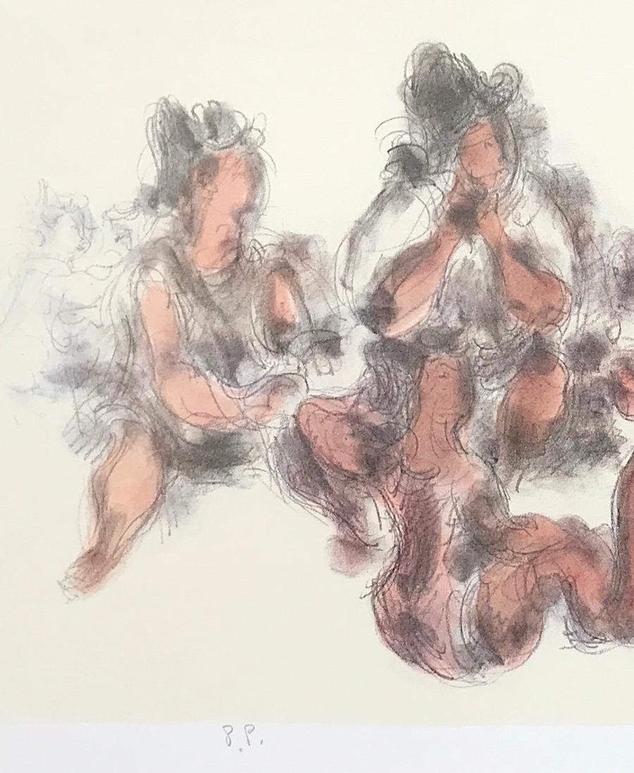 WOMEN TOGETHER Signed Lithograph Seated Female Figures, Cream, Gray, Terra Cotta - Beige Figurative Print by Chaim Gross