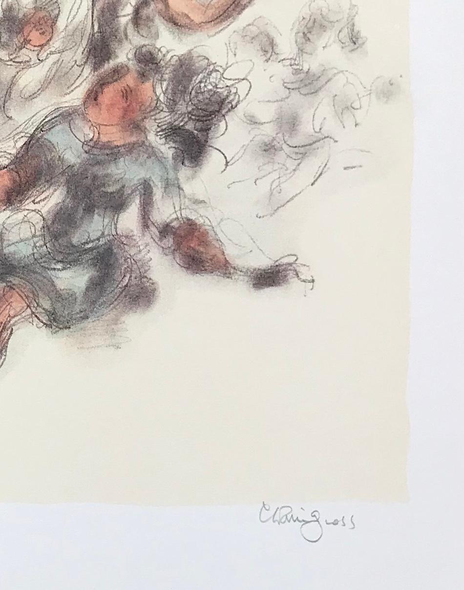 WOMEN TOGETHER is a color lithograph by the American artist/sculptor Chaim Gross presenting an endearing figure study of seated female figures printed on archival white paper in watercolor shades of cream, light terra cotta, warm gray, light blue,