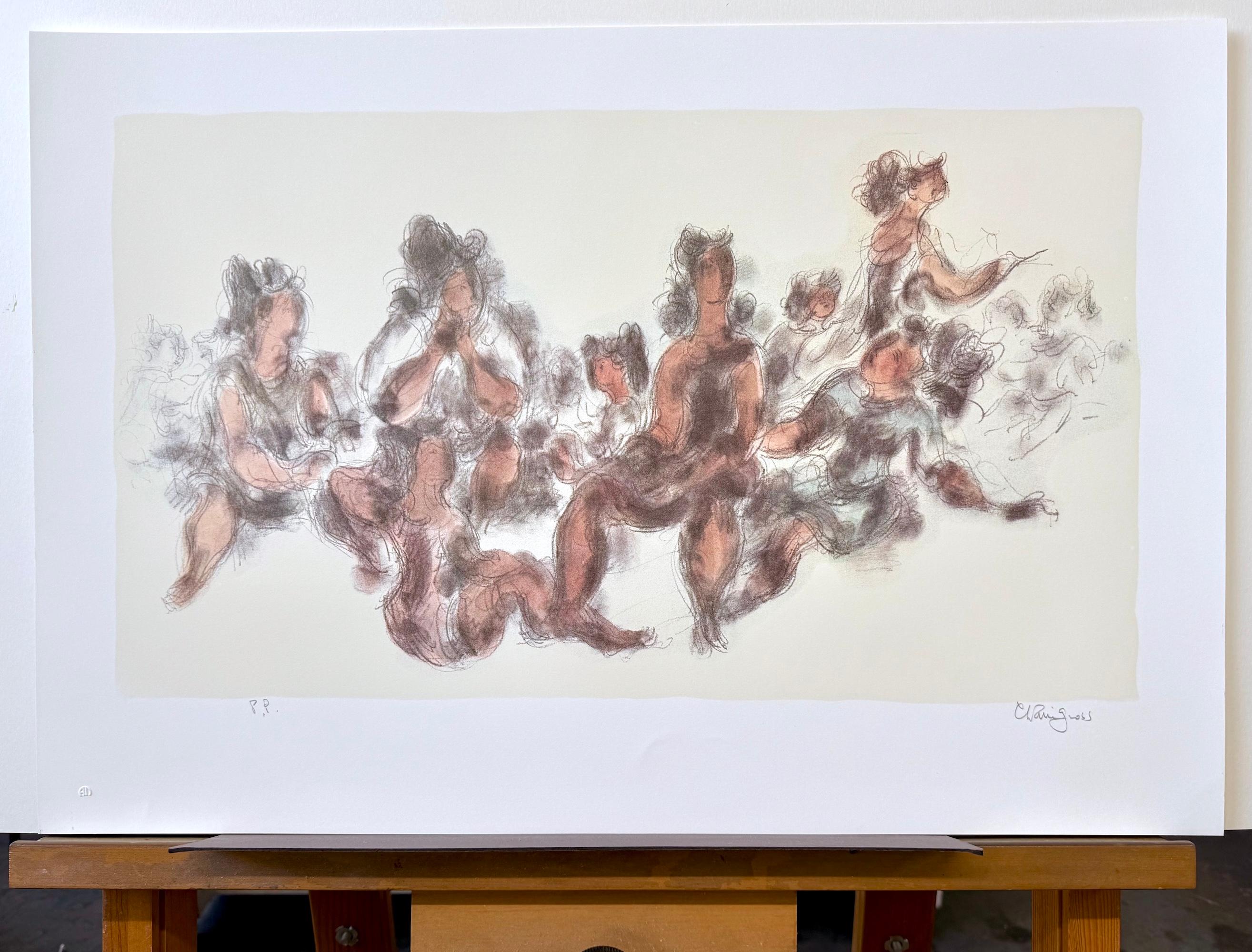 Lithographie « WOMEN TOGETHER » signée représentant des femmes assises, crème, gris, terre cuite en vente 3