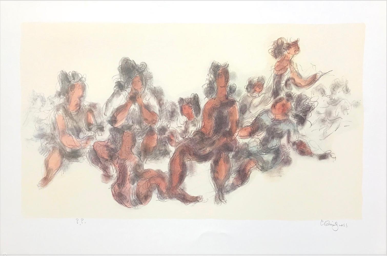 Chaim Gross Figurative Print - WOMEN TOGETHER Signed Lithograph Seated Female Figures, Cream, Gray, Terra Cotta