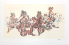 DONNE INSIEME Litografia firmata Figure femminili sedute, crema, grigio, terracotta