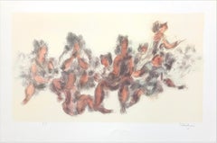 Lithographie « WOMEN TOGETHER » signée représentant des femmes assises, crème, gris, terre cuite