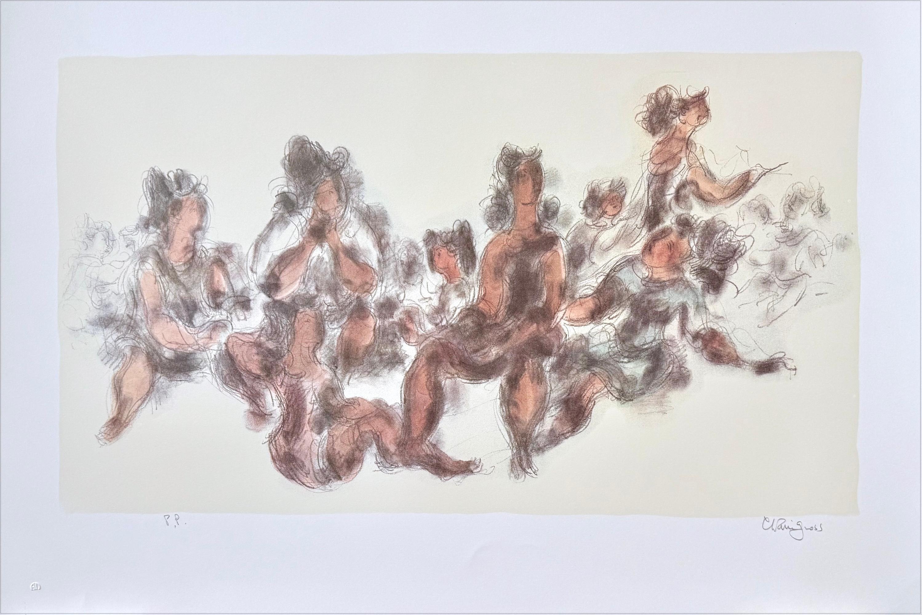 WOMEN TOGETHER Signierte Lithographie sitzender weiblicher Figuren, Creme, Grau, Terrakotta, Terrakotta