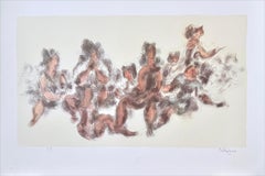 DONNE INSIEME Litografia firmata Figure femminili sedute, crema, grigio, terracotta
