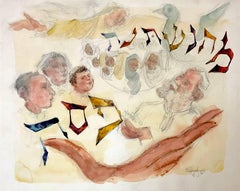 Original Watercolor Judaica Painting Passover Haggada Hebrew Mah Nishtana