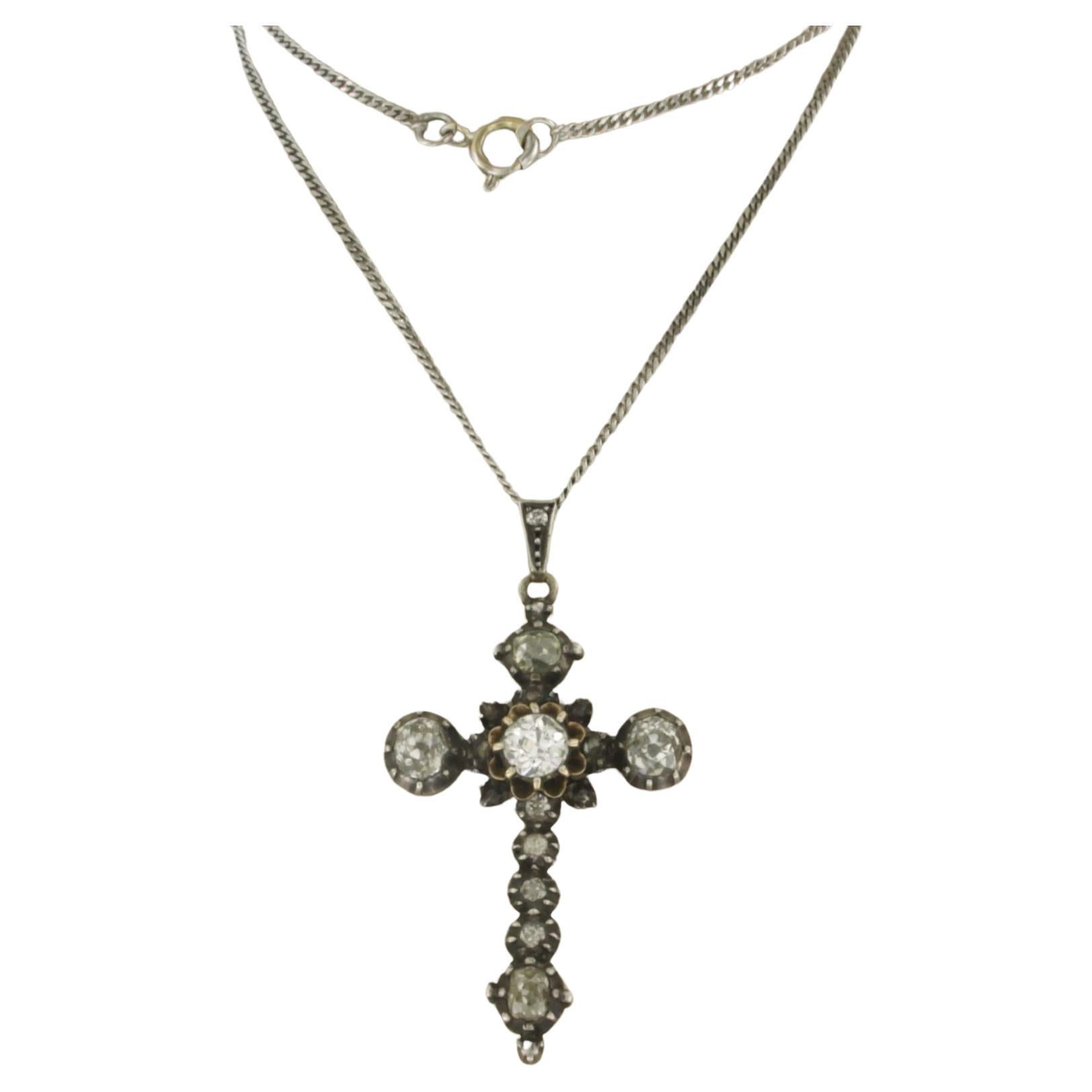 Chain and cross pendant set with old mine cut diamonds 14k white gold and silver