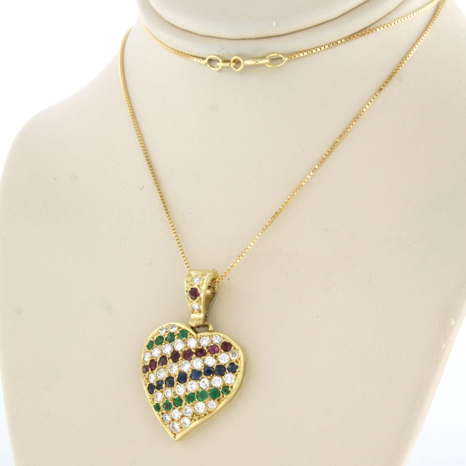 Brilliant Cut Chain and pendant set with Emerald, Ruby, Sapphire and diamonds 18k yellow gold For Sale