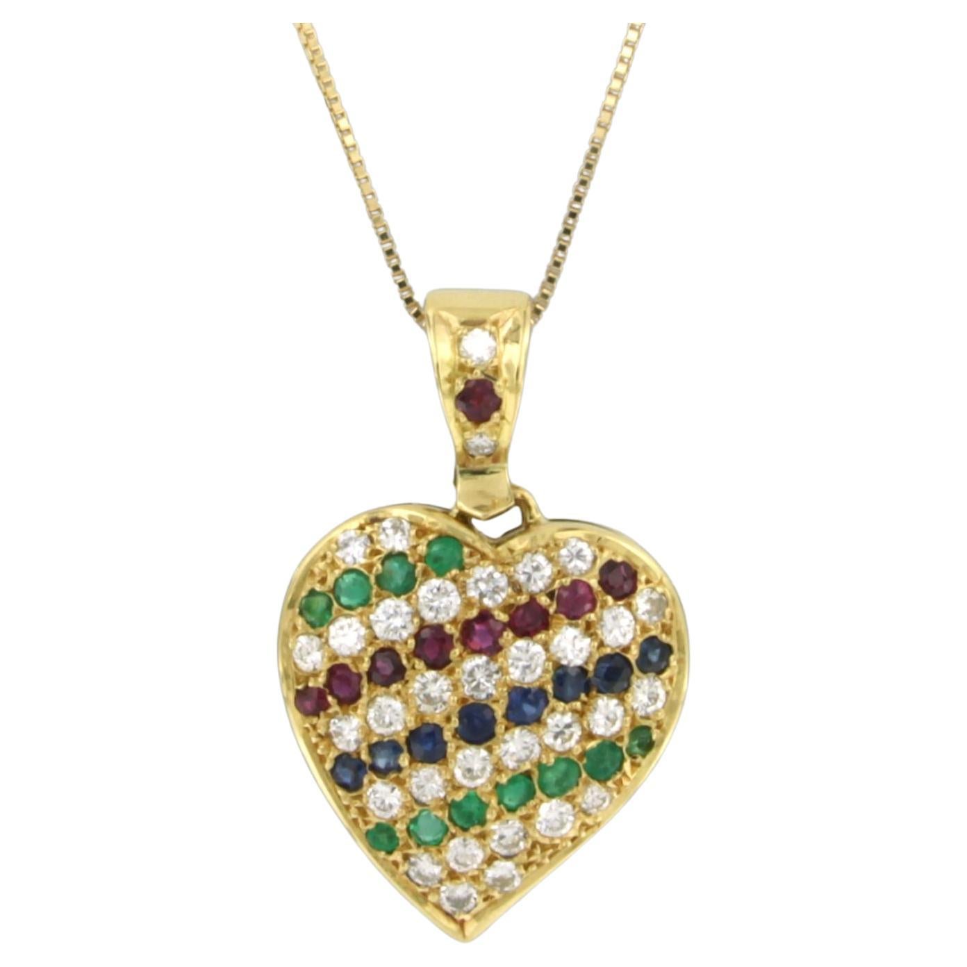 Chaîne et pendentif sertis d'émeraudes, de rubis, de saphirs et de diamants en or jaune 18k