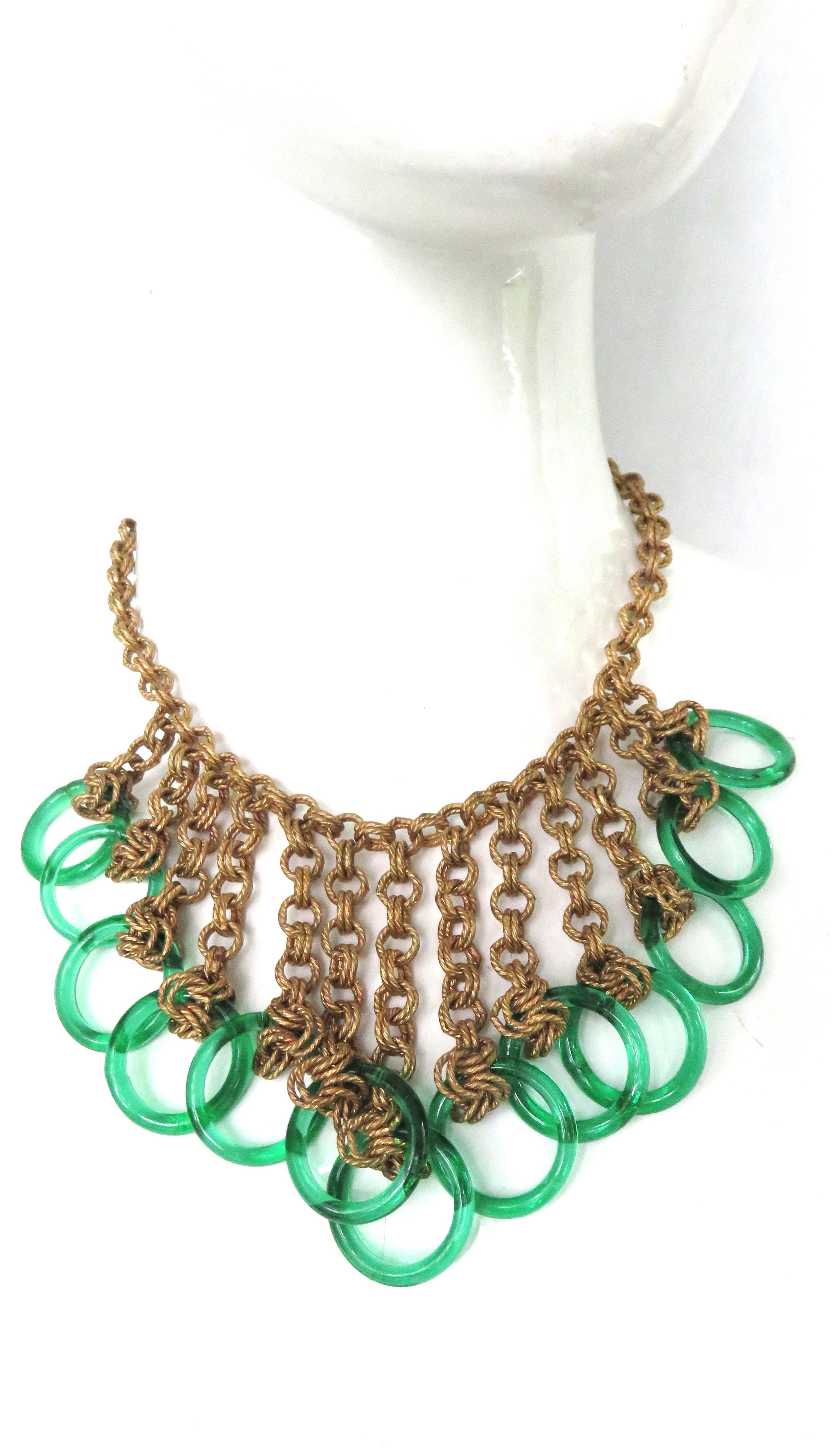 Chain Bib 1940s Necklace with Green Glass Circles In Good Condition For Sale In Water Mill, NY