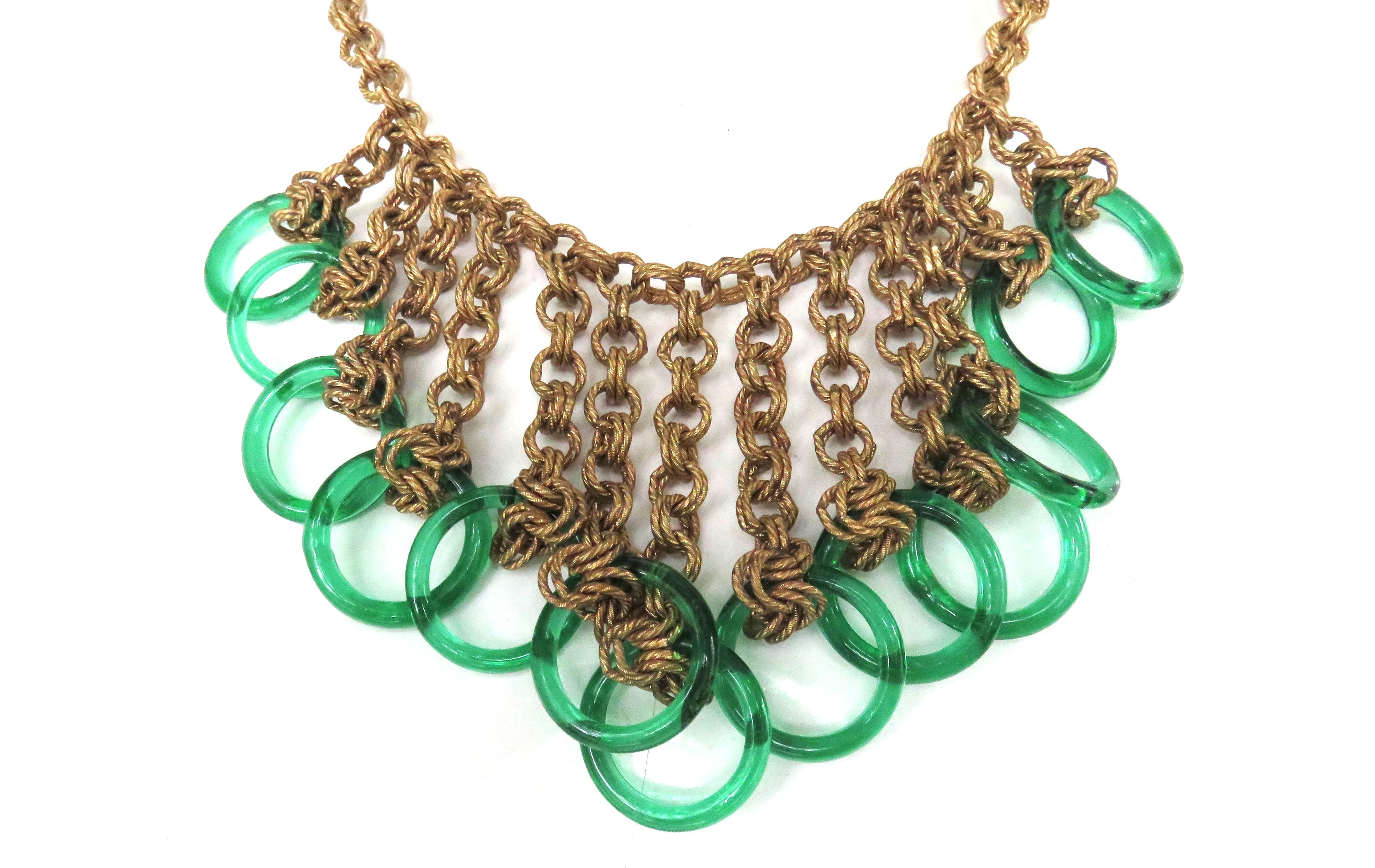 Women's Chain Bib 1940s Necklace with Green Glass Circles For Sale